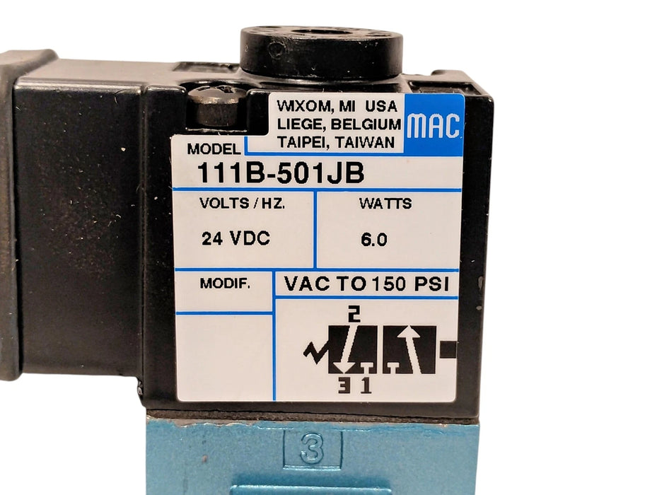 MAC Valves 111B-501JB 150 psi Pneumatic Solenoid Valve w/ 24 V DC Coil