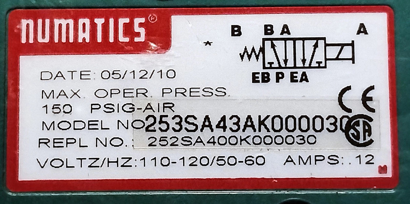 Numatics 253SA43AK000030 Pneumatic Solenoid Valve w/ 120VAC Coil and Manifold