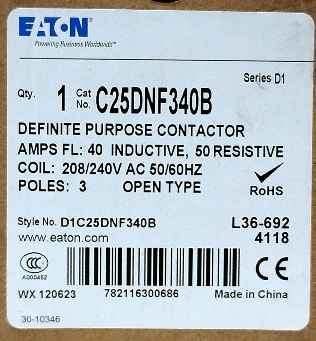 Eaton C25DNF340B 208-240 V AC 3-Pole Definite Purpose Contactor