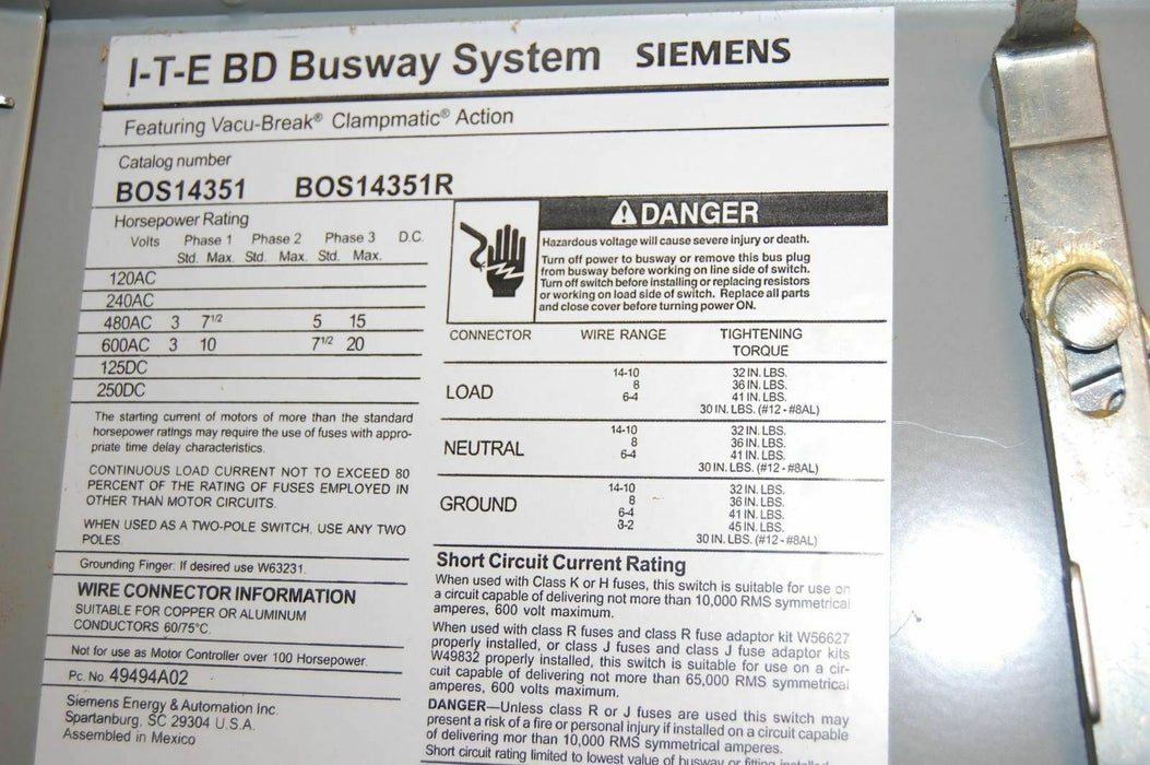 Siemens ITE BUSWAY BOS14351 SWITCH