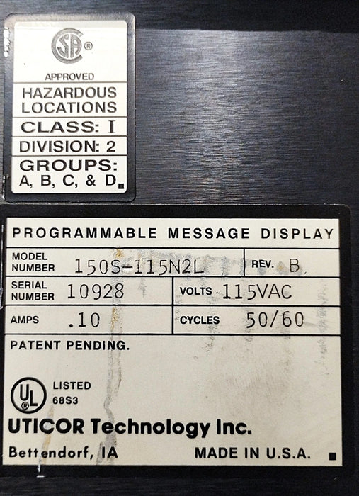 Uticor 150S-115N2L 115 V AC PLC Message Display for Hazardous Locations