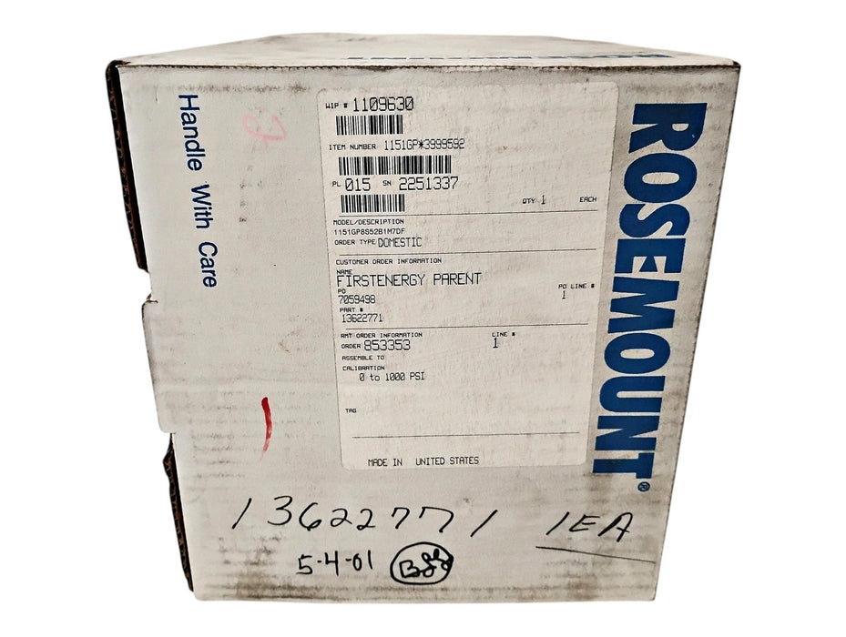 Emerson Rosemount 1151GP8S52B1M7DF 0-1000 PSI Smart Pressure Transmitter