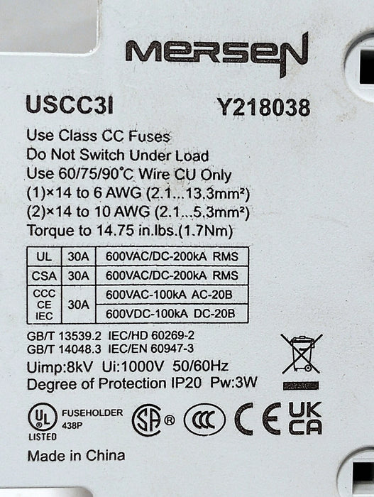 Mersen USCC3I ULTRASAFE 600 V AC/DC 30 A 3-Pole Fuse Holder w/ Trip Indicators