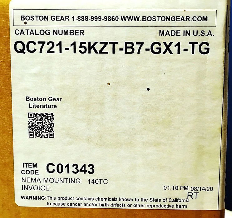 Boston Gear QC721-15KZT-B7-GX1-TG 15:1 Gear Reducer for Food Processing