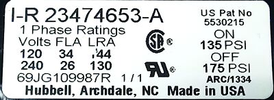 Ingersoll Rand 23474653-A 120/240 V 135 psi On 175 psi Off Pressure Switch