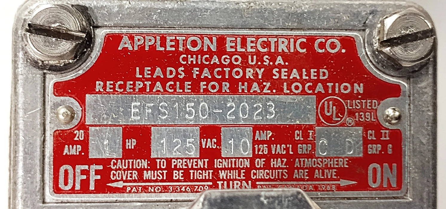 Appleton EFS1502023 125VAC 20 A 3-Wire 2-Pole Receptacle for Hazardous Locations