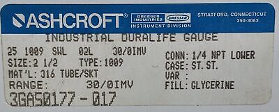 Ashcroft 25-1009-SWL-02L-30/0IMV 316 Stainless Steel Vacuum Gauge