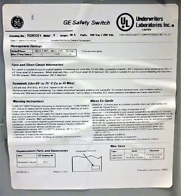 GE TGN3321 Safety Disconnect Switch
