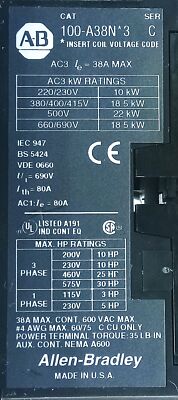 Allen-Bradley 100-A38ND3 600 V AC 38 A Contactor w/ 110/120 V Coil