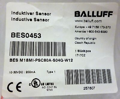 Balluff BES0453 / BES M18MI-PSC80A-S04G-W12 Inductive Proximity Sensor