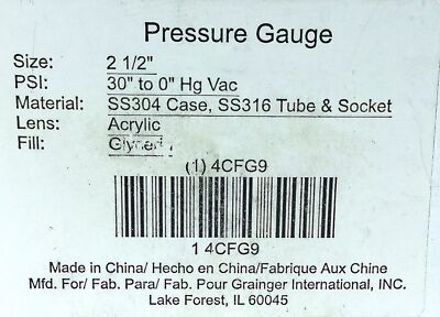 Grainger 4CFG9 30-0 in Hg Stainless Steel Bottom Mount Vacuum Gauge