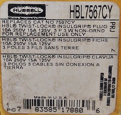 Hubbell HBL7567CY 3 Pole 3 Wire 15/10 A 125/250 V Non-Grounded Male Locking Plug