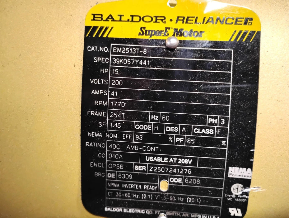 Baldor EM2513T-8 200 V 15 HP 1770 RPM Super-E Motor