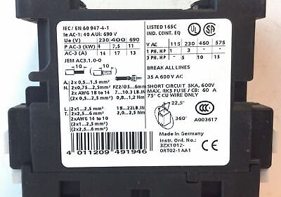 Siemens 3RT1025-1AD20-1AA0 42 V AC Coil 17 A 3 P Size 0 Contactor