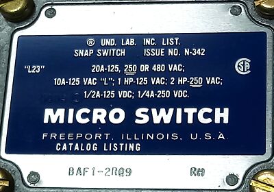 Micro Switch BAF1-2RQ9-RH 125-480 V AC/DC 10-20 A Roller Plunger Limit Switch