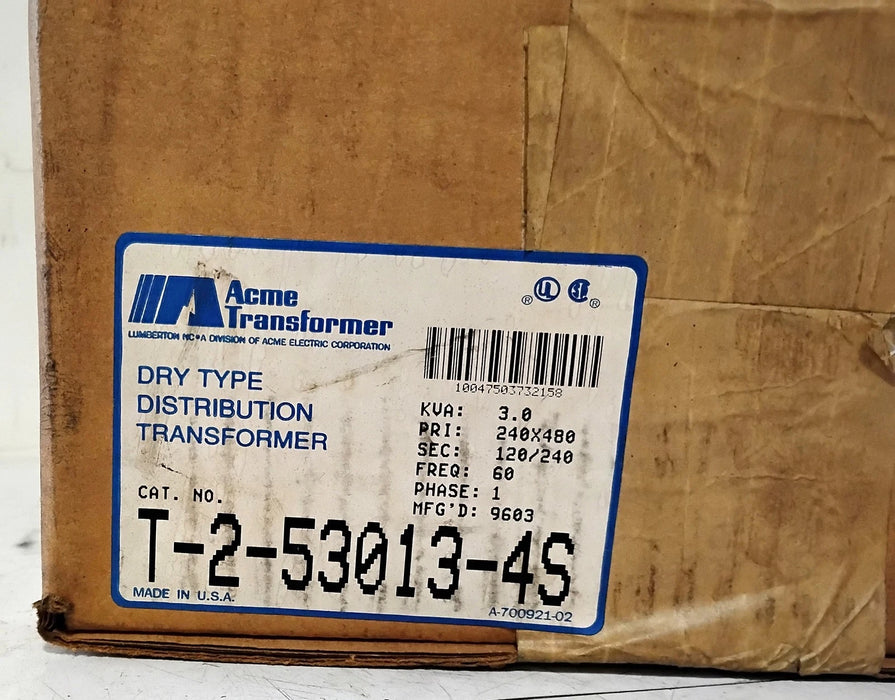 Acme T-2-53013-4S 240/480 120/240 V 3 kVA 1 PH Dry Type Distribution Transformer