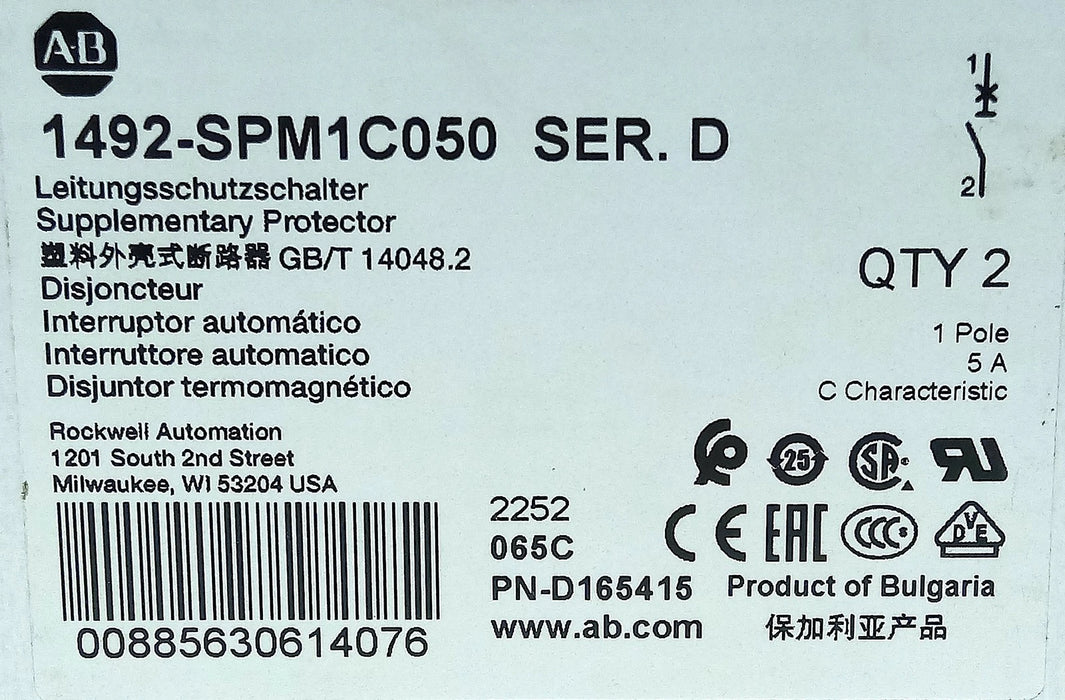 Allen-Bradley 1492-SPM1C050 277VAC/48VDC 5 A 1 Pole Supplementary Protector