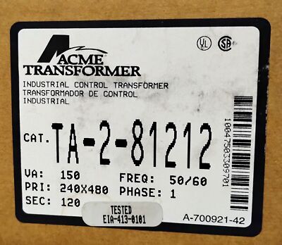 Acme Electric TA-2-81212 150 VA 240/480 120 V Industrial Control Transformer