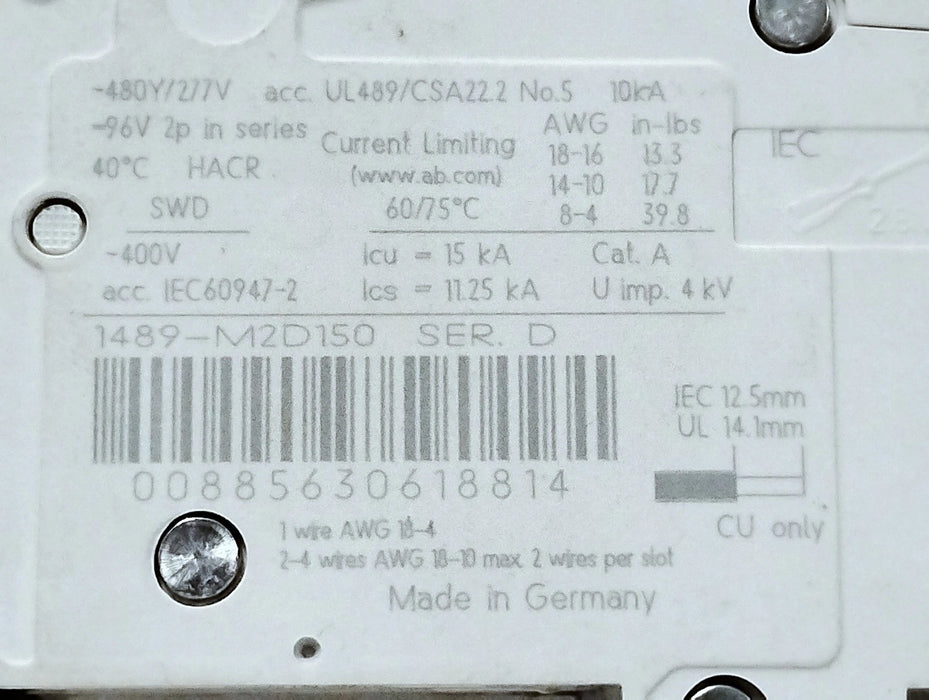 Allen-Bradley 1489-M2D150 480Y/277 V AC 15 A 2-Pole Circuit Breaker