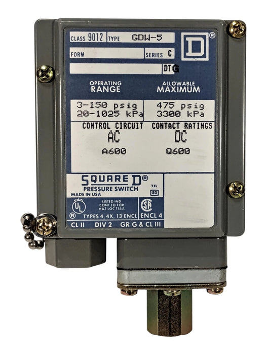 Square D 9012-GDW-5 Ser C 600 V AC/DC 3-150 psig Machine Tool Pressure Switch