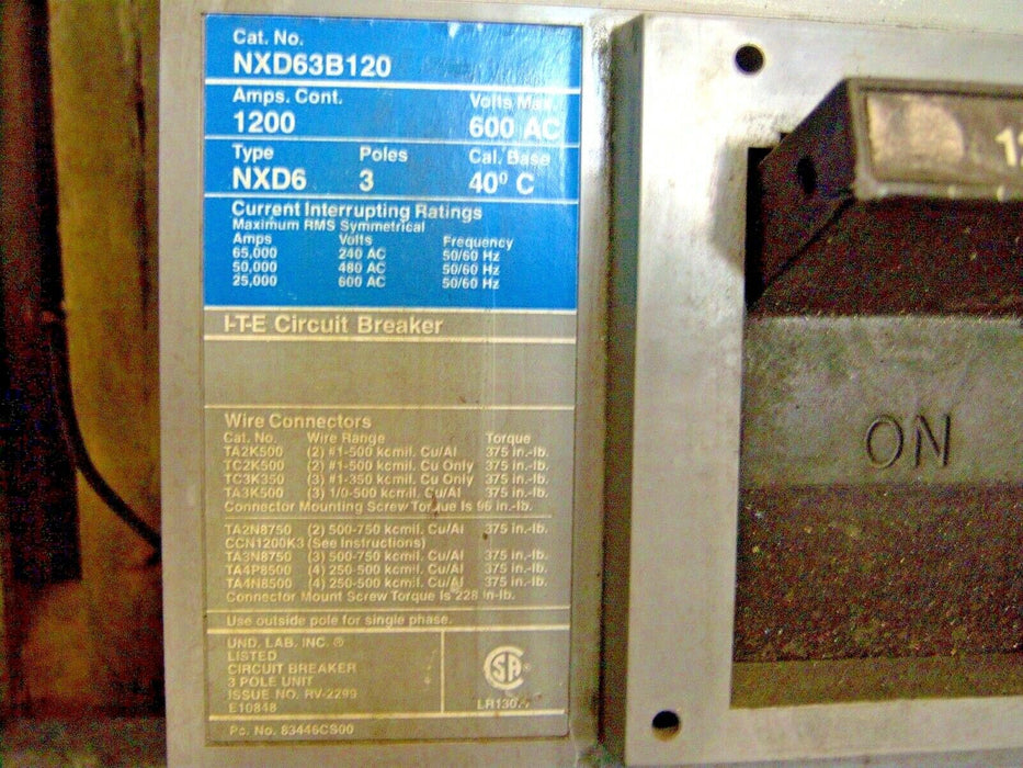 Siemens ITE NXD63B120 600 V AC 1200 A 3 Phase Sentron Series Circuit Breaker