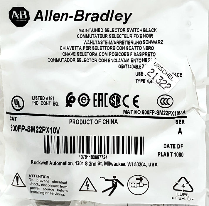 Allen-Bradley 800FP-SM22PX10V 600 V 10 A 2 Position Selector Switch