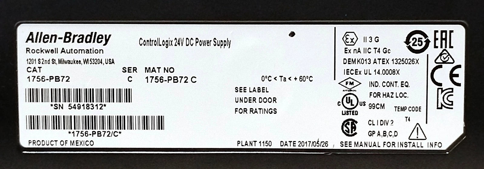 Allen-Bradley 1756-PB72 Ser C 24 V DC 75 W PLC Power Supply w/ 1756-A7 Chassis