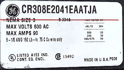 GE CR308E2041EAATJA 600 V AC 90 A 50 HP NEMA Size 3 Starter with Aux. Contact