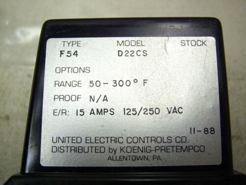 United Electric Temperature Switch F54D22CS 50-300 Deg. 15 Amps