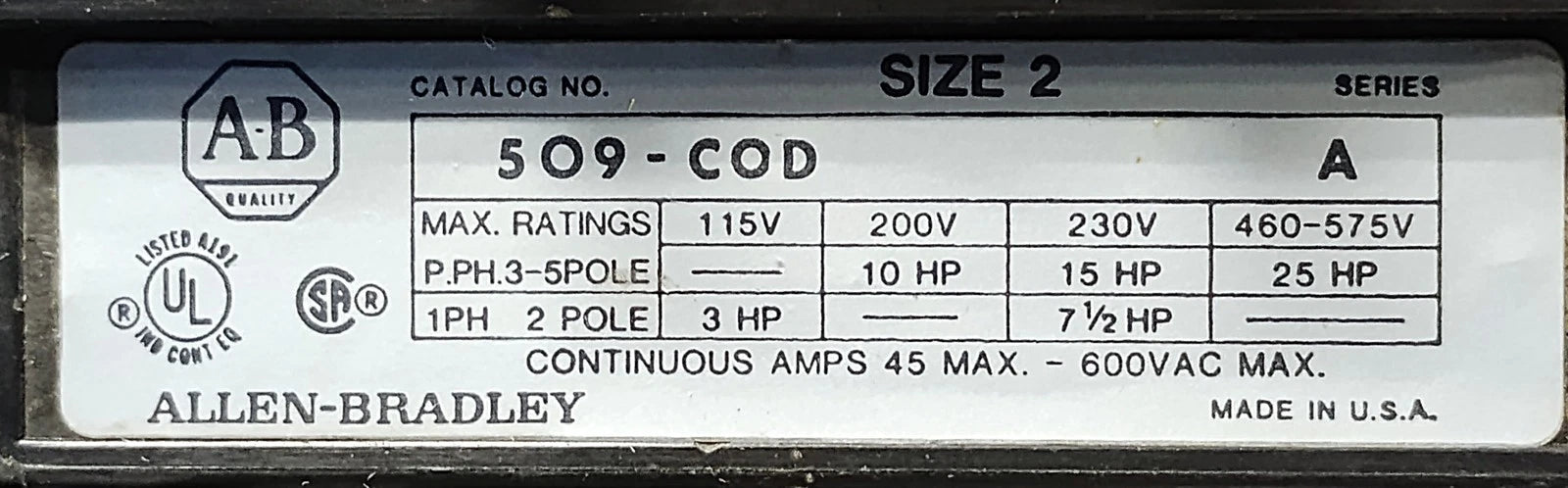 Allen-Bradley 509-COD NEMA 2 Ser A Full Voltage Non-Reversing Starter
