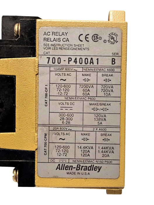 Allen-Bradley 700-P400A1 Series B 600 V AC 10 A Relay w/ 115/120 V AC Coil