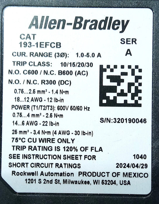Allen-Bradley 193-1EFCB 600VAC/300VDC 1-5 A Overload Protection Relay