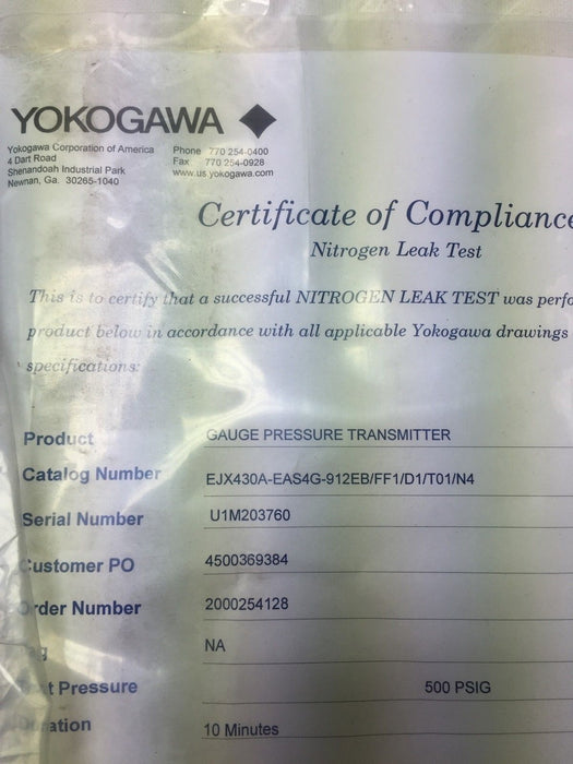 Yokogawa EJX430A-EAS4G-912EB/FF1/D1/T01/N4 Pressure Transmitter