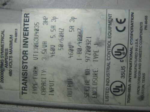 1 TOSHIBA TOSVERT-130 TRANSISTOR INVERTER 3 HP