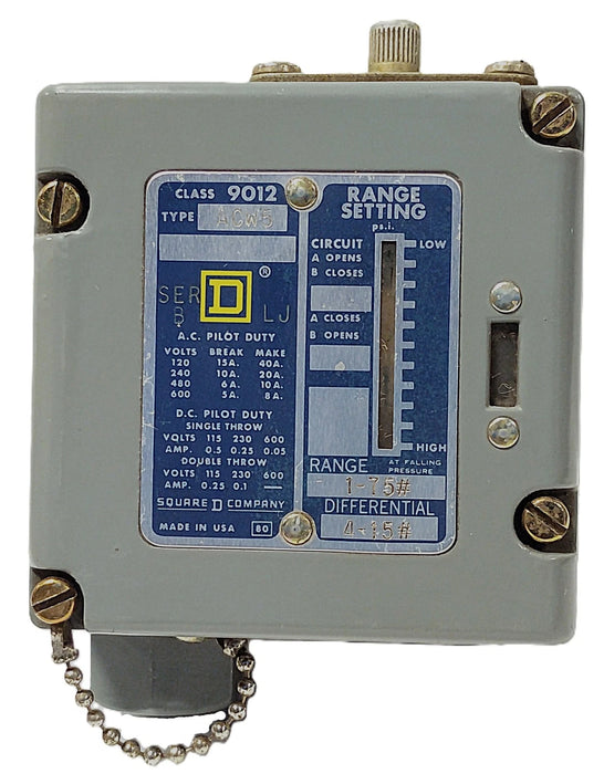 Square D 9012ACW5 Ser B 600 V AC 1-75 psi Differential Pressure Switch