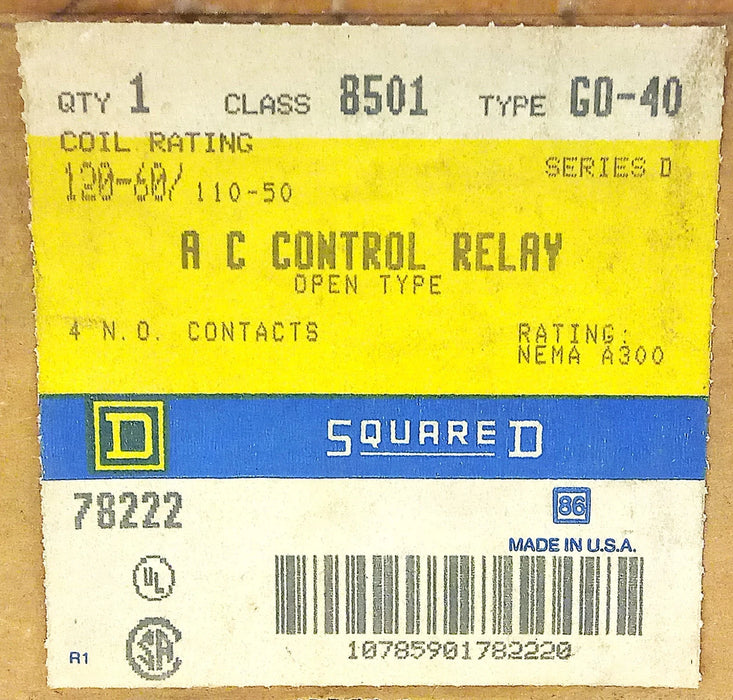 Square D 8501-G0-40 10 A NEMA A300 Open Type AC Control Relay w/ 120 V AC Coil