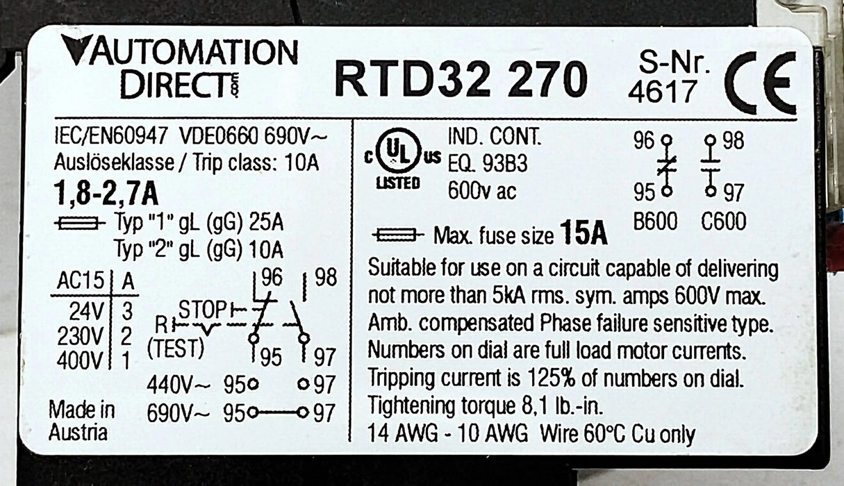 AutomationDirect RTD32-270 1.8-2.7 A Adjustable Overload Protection Relay