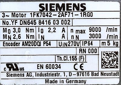 Siemens 1FK7042-2AF71-1RG0 3-Phase 2.2 A 0.8 KW 3000 RPM Synchronous Servo Motor