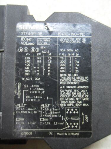 1 Siemens 3TF4-310-0BB4 CONTACTOR