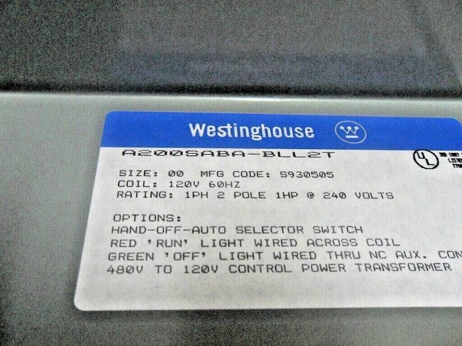 Westinghouse A200SABA-BLL2T Starter W/Control Panel