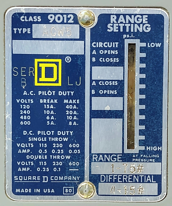 Square D 9012ACW5 Ser B 600 V AC 1-75 psi Differential Pressure Switch