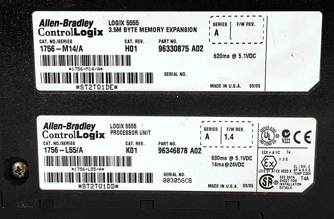 Allen-Bradley 1756-L55 Ser A Rev K01 PLC Processor w/ 1756-M14/A Memory Module