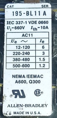 Allen-Bradley 195-BL11 660 V AC 10 A Auxiliary Contact