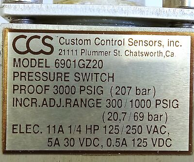 CCS Custom Control Sensors 6901GZ20 125/250VAC 30/125VDC 1/4HP Pressure Switch