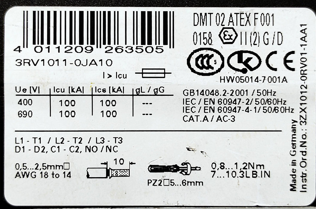 Siemens 3RV1011-0JA10 690 V AC 0.7-1.0 A Circuit Breaker for Motor Protection