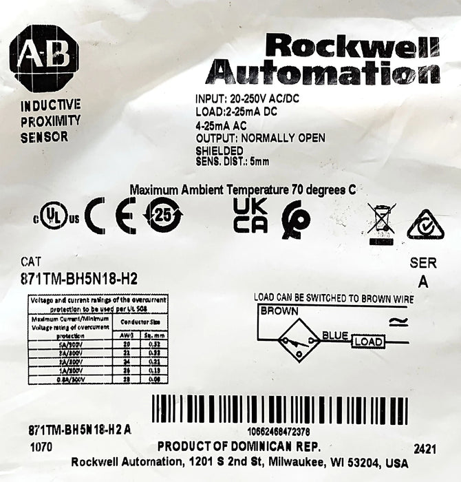 Allen-Bradley 871TM-BH5N18-H2 20-250 V AC/DC Shielded Inductive Proximity Sensor