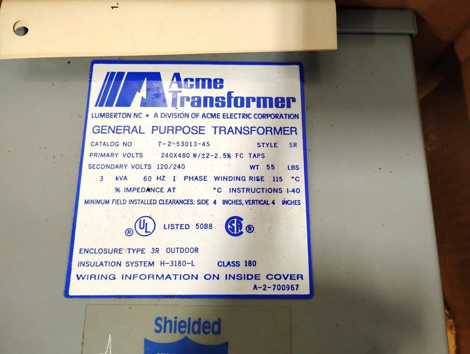 Acme T-2-53013-4S 240/480 120/240 V 3 kVA 1 PH Dry Type Distribution Transformer