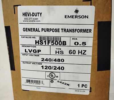 Emerson HS1F500B 240/480 V 120/240 V Hevi-Duty General Purpose Transformer