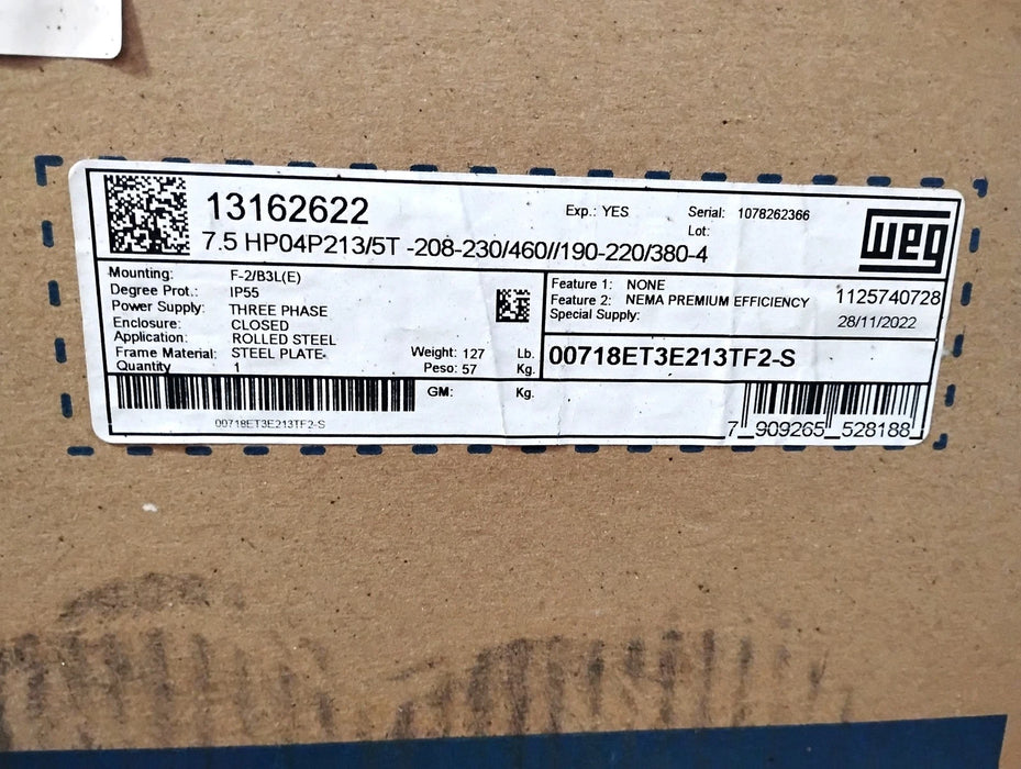 Weg 00718ET3E213TF2-S 208-230/460 V 7.5 HP 1770 RPM 213/5T Motor