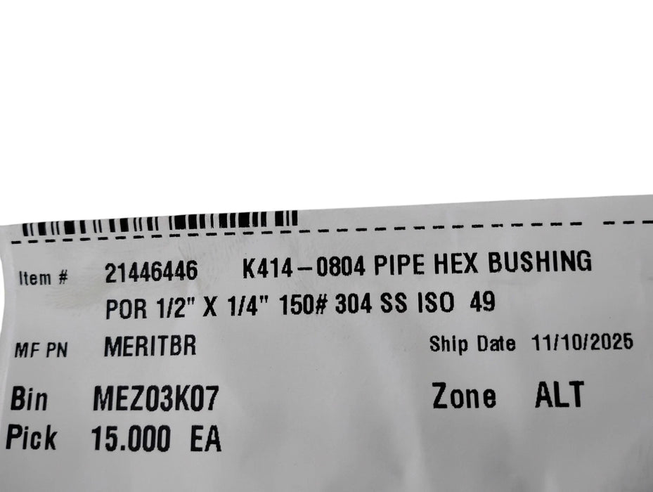 Merit Brass K414-0804 1/2" x 1/4" MNPT x FNPT Hex Head Pipe Bushing - Lot of 15